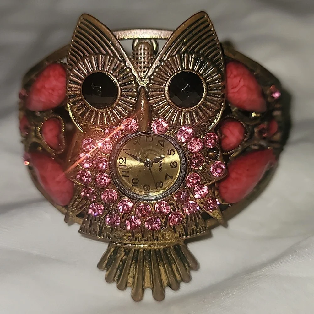 Pink Crystal‎ Owl Bangle Hinged Clamp Watch Bird Raptor Owl Pink Bronze Black